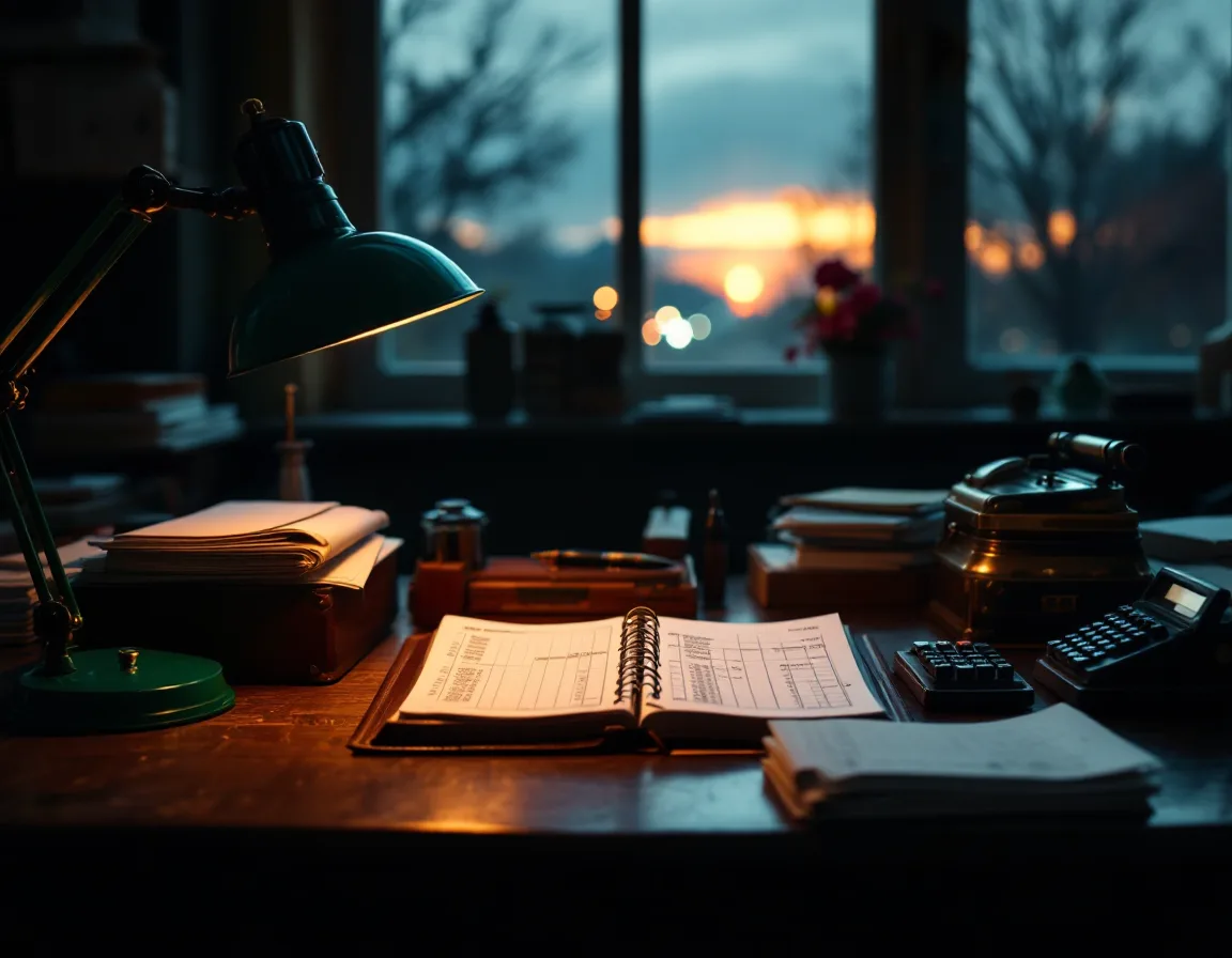 An open ledger and brass adding machine on an oak desk under a banker's lamp