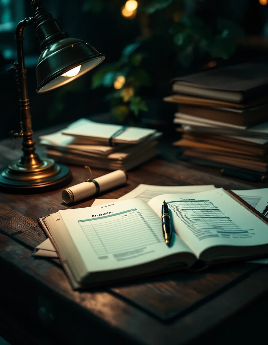 A leather-bound ledger open under a banker's lamp on an oak desk