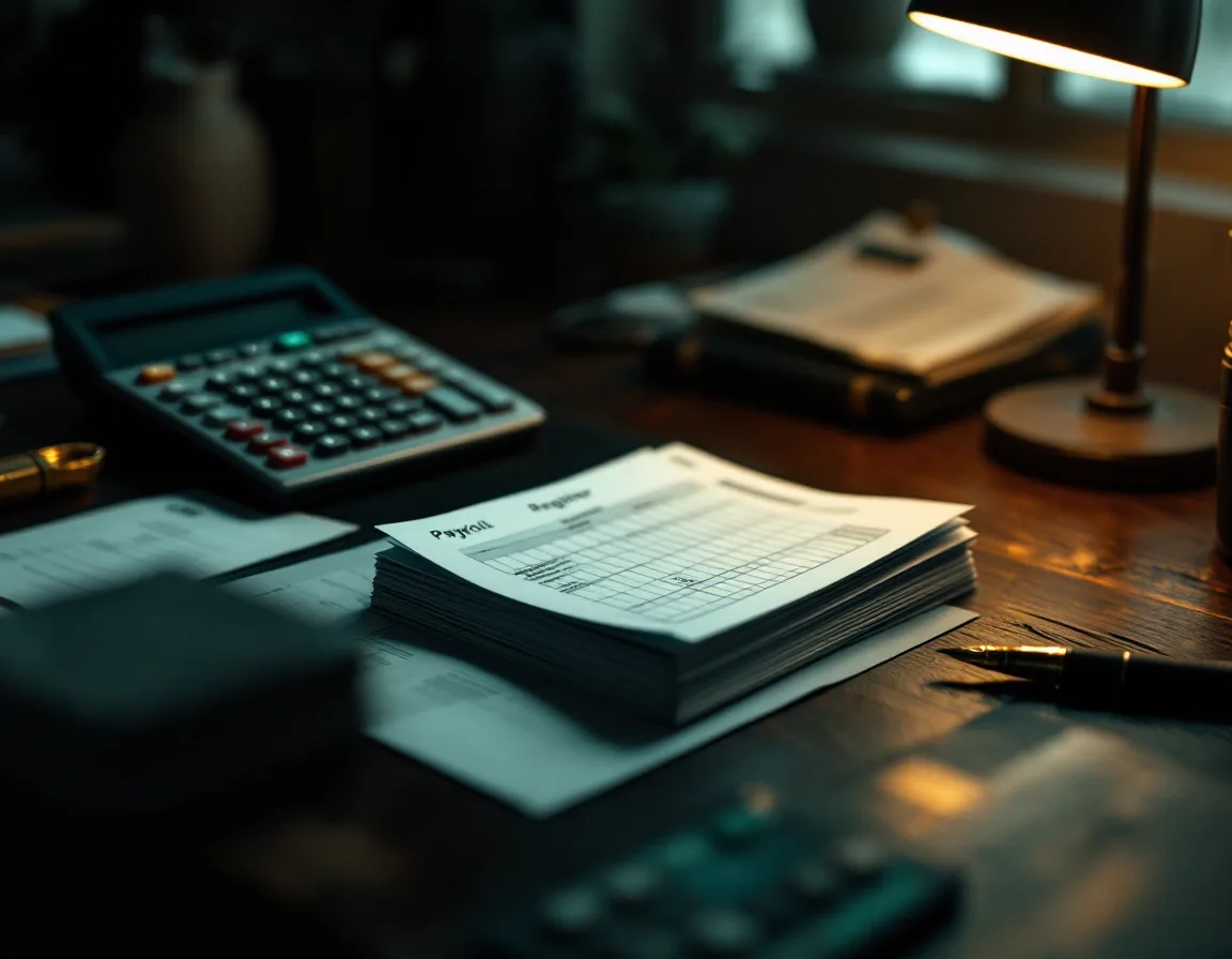 A payroll register and pay stubs squared on a dark oak desk under lamplight